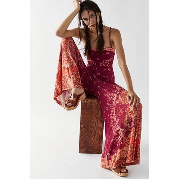 New Free People Astrid Jumpsuit $288 SMALL Raspberry Wide-leg Adjustable Straps